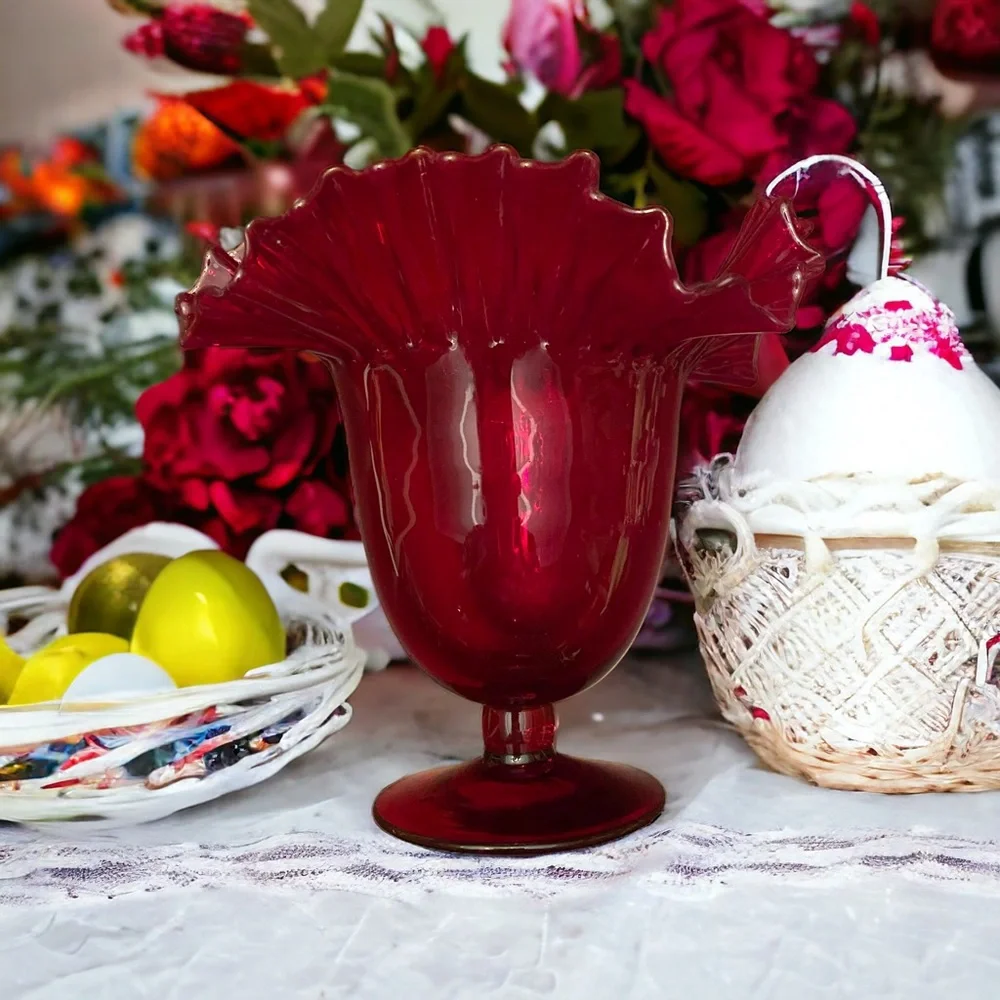 VTG Blenko #388 Ruby Red Art Glass Ruffled Pedestal Vase Mid Century Modern MCM